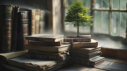 A small tree is placed on top of a stack of books. Environmental concept