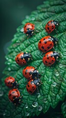 Obraz premium Ladybugs with red and black spots gather on a fresh green leaf, its surface adorned with shimmering raindrops.