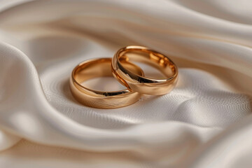 Wedding gold rings on a background of silk fabric
