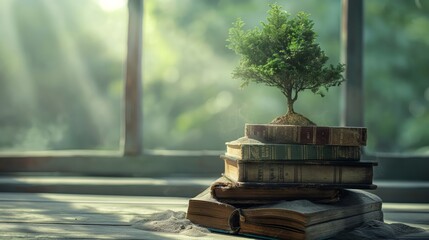 A small tree is sitting on top of a stack of books. Environmental concept