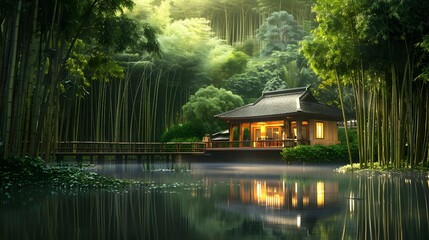 Fototapeta premium House in a cool and lush tropical forest, small lake in front, surrounded by bamboo trees and greenery