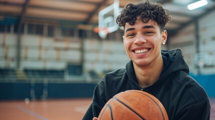 Smiling young man holding a basketball in an indoor court. Sports and youth concept.