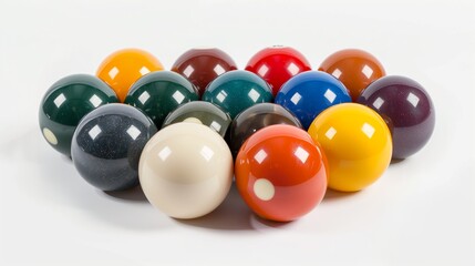 Set of colorful billiard balls arranged on a white background. Pool and snooker equipment.