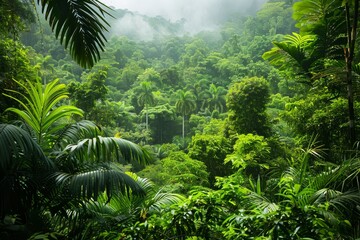 Naklejka premium A vibrant rainforest teeming with lush greenery, abundant with towering trees and a plethora of exotic plants.