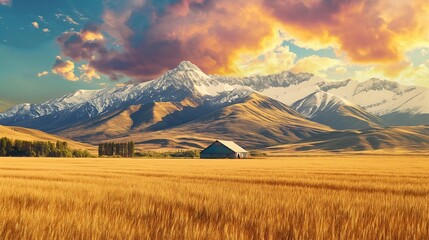 Obraz premium A picturesque farm with golden wheat fields set against the backdrop of towering, snow-capped mountains under a vibrant sky.