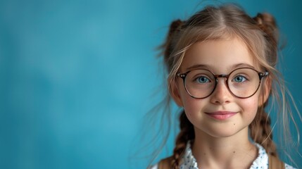 Obraz premium Caucasian girl with glasses and braided hair against a blue background. Back to school background with caucasian young schoolgirl and copy space