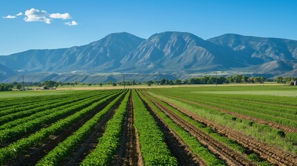  A scenic view of a farm with neatly arranged crop rows, set against a backdrop of majestic mountains and a clear, azure sky.