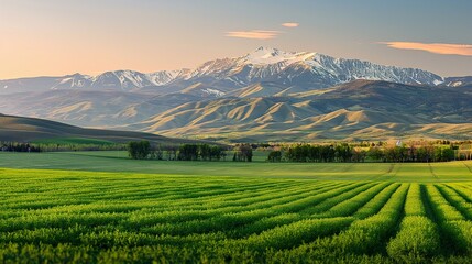 Obraz premium A scenic view of a farm with neatly arranged crop rows, set against a backdrop of majestic mountains and a clear, azure sky