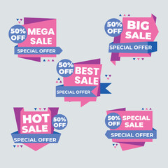 Sale Label collection set. Set ribbon banner and label sticker sale offer and badge tag sale advertising. Discount red ribbons, banners and icons. Cffer discount coupons. Vector illustration.Sale Labe