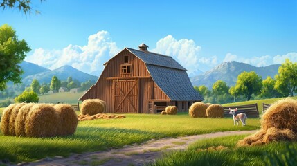 Obraz premium A delightful cartoon barn with vibrant colors, surrounded by stacks of straw bales and hay piles, set in a picturesque farm landscape