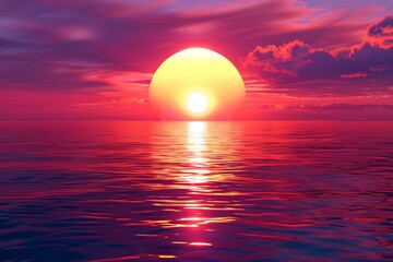 In the sea there is a sunset with a beautiful red glow touching the horizon