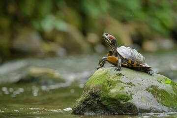 Fototapeta premium A red-eared slider sits on a green rock by the riverbank, basking in the sunlight.