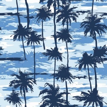 Fototapeta palm trees tropical  blue marine color palette seamless pattern. Hawaiian shirt style illustration fabric print.