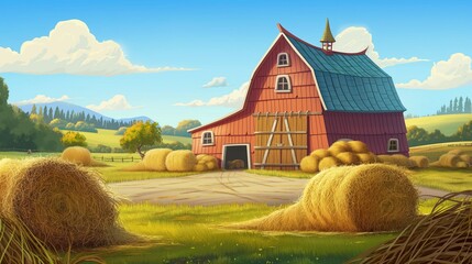 
A delightful cartoon barn with vibrant colors, surrounded by stacks of straw bales and hay piles, set in a picturesque farm landscape.