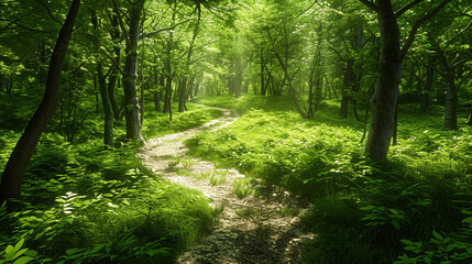 Fototapeta premium Serene Journey: A Hiker's Path Through Verdant Woods