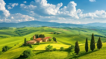 
A panoramic view of a picturesque countryside landscape with rolling green hills, a rustic farmhouse, and expansive farmland fields under a bright blue sky.
