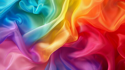 Close-up shot of rainbow-colored silk fabric, swirling and flowing in an abstract pattern