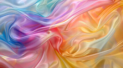 Close-up of silky, rainbow-colored fabric swirling in a chaotic pattern