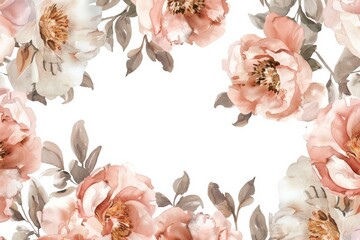 pink peonies flowers frame on white background copy space center watercolor illustration
