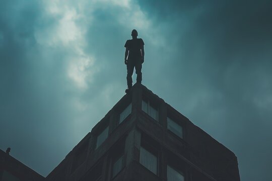 Silhouette of a man on the roof trying to commit suicide
