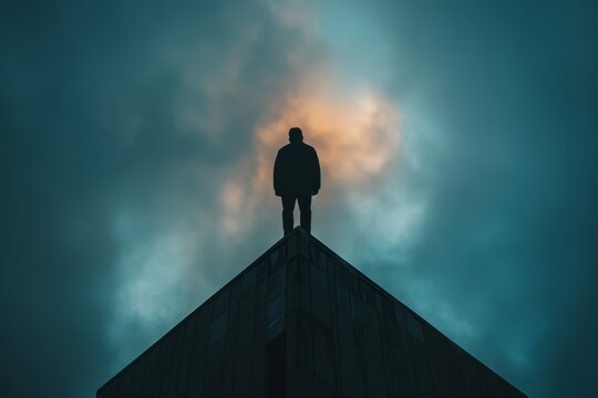Silhouette of a man on the roof trying to commit suicide