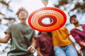 friends playing Frisbee in the park, with focus on the colorful disc flying in the air. Concept: active lifestyle, friendly meetings and outdoor sports events.