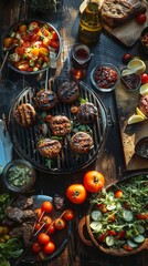 Fototapeta premium A summer barbecue with a grill, sizzling burgers, and colorful salads. 