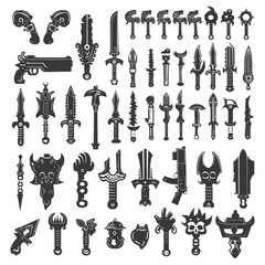 silhouette hand drawn cute weapon in game kawaii doodle collection set