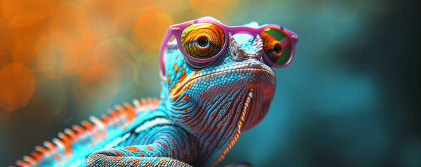 Photo of A chameleon wearing sunglasses on green background, colorful, funny animal character illustration. banner with copy space for advertising concept.