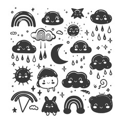 silhouette hand drawn cute weather kawaii doodle collection set