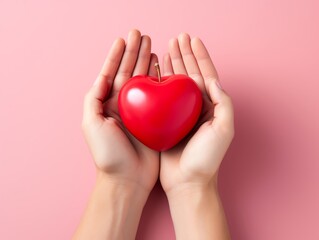 Obraz premium Hands holding a red heart on a pink background, symbolizing love, care, and nurturing. Perfect for healthcare, charity, and Valentine's Day themes.