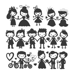 silhouette hand drawn cute wedding kawaii doodle collection set