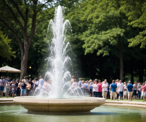 People walk in the park near the fountain. Generative AI
