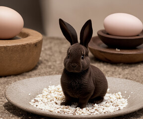 A chocolate bunny sits next to two eggs. Generative AI