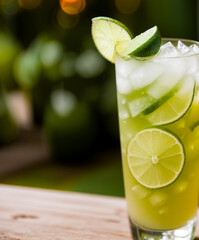Green alcoholic drink in a glass with ice and lime. Generative AI