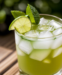 Green alcoholic drink in a glass with ice and lime. Generative AI