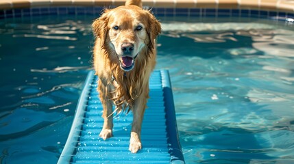 Golden retriever on a blue ramp in a swimming pool. Summer fun pet activity