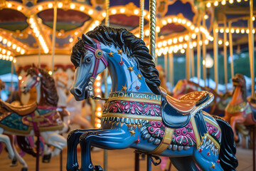 A brightly colored carousel horse adorned with intricate decorations stands in the foreground of a lively carousel ride, illuminated by warm, festive lights
