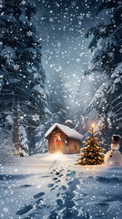 Naklejka premium Cozy Winter Cabin in Snowy Forest with Snowman and Decorated Tree