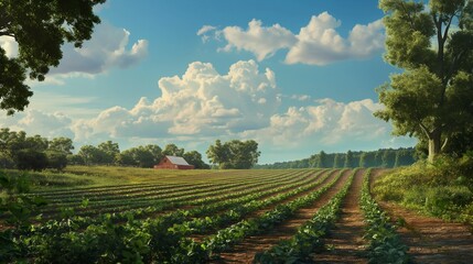 Naklejka premium An expansive rural field with rows of crops stretching to the horizon, a distant barn, and towering trees framing the scene 