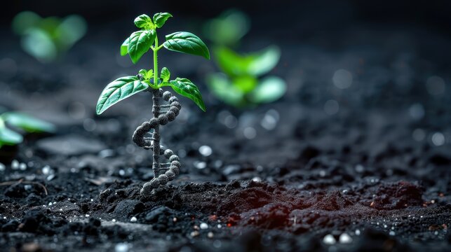 A small green plant emerging from a dark, fertile soil with a DNA double helix integrated into its stem, symbolizing genetic modification.