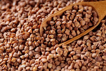 Buckwheat Grains in Wooden Scoop