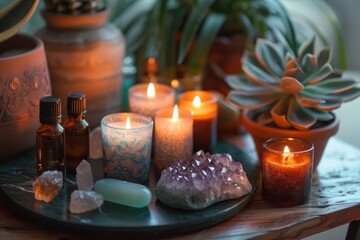 Holistic health: A serene setup with aromatherapy candles, crystals, and essential oils. 