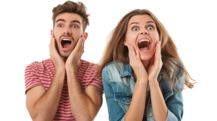 Couple showing surprise as they celebrate winning money in lottery on transparent background.