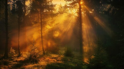 Obraz premium Spectacular sun rays shining through woods and tree in the dense forest. Green and lust forest on a beautiful summer day