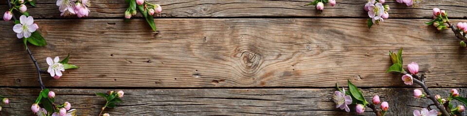 White flowers on wooden background. Flat lay frame with cherry blossoms on table. Floral banner with copy space. Design for wedding, womens day, mothers day themed greeting card or invitation. 
