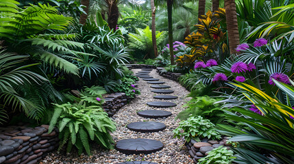 Obraz premium Tropical Terraced Garden, lush, exotic plants like ferns, palms, and flowering tropicals. Stone pathway through garden