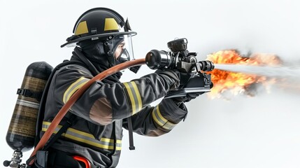 Fototapeta premium firefighter with a hose and fire extinguisher