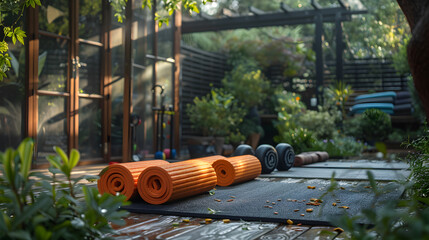 Urban Fitness Terrace, equipped with space-efficient exercise gear like yoga mats, resistance bands