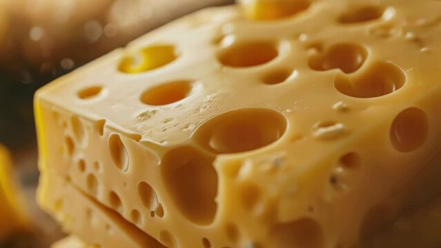 Close up of yellow cheese block with holes in it